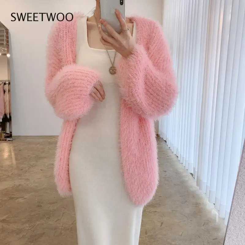 

New Women Long Cardigan Mink Wool Full-Sleeve Oversized Cardigan Dress Woman Keep Warm Winter Woman's Clothing Tide Chic Fashion