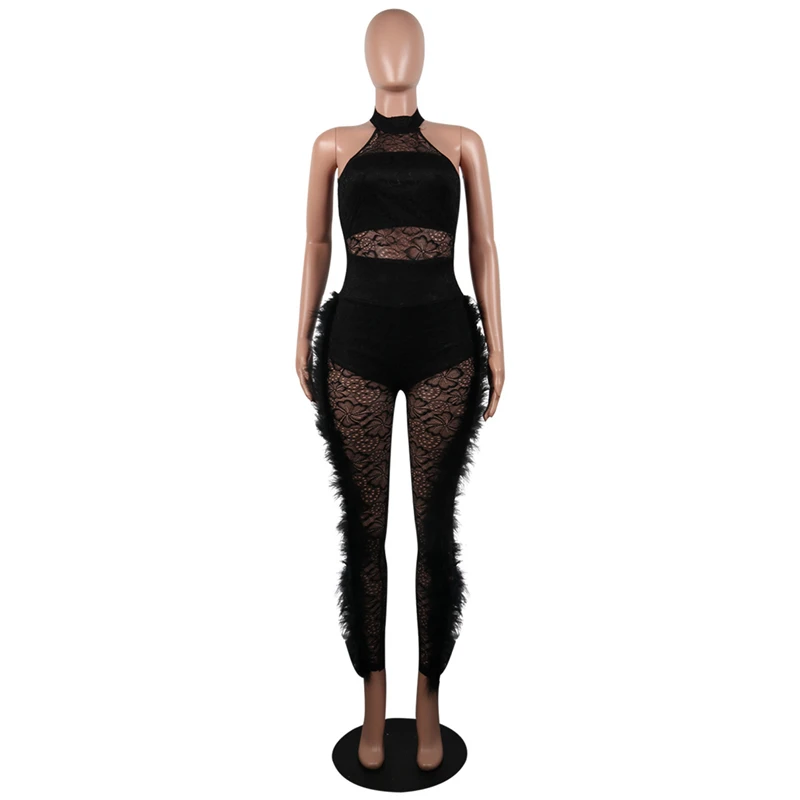 2023 Summer Mesh Lace Sexy Club Jumpsuit for Women Overalls New White Black Elegant Romper Evening Party Long Jumpsuits Outfits