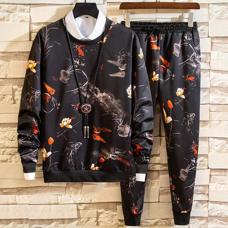 

Autumn men's long sleeve suit youth fashion printed leisure sports hoodie pants two-piece set