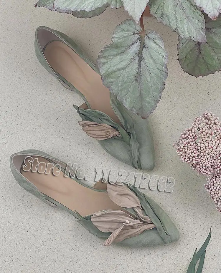 Petals Pointy Toe Flats Green Flower Suede Shoes Gradient Mixed Colors Shoes Elegant Women Sweet Pumps Spring Fairy Casual Shoes