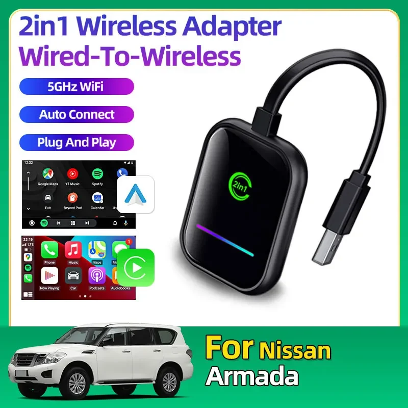 Фото Для Nissan Armada с USB-адаптером питания Carplay Android Auto 5 ГГц Wi-Fi Plug and Play Мини-адаптер Auto Connect Smart Box №1
