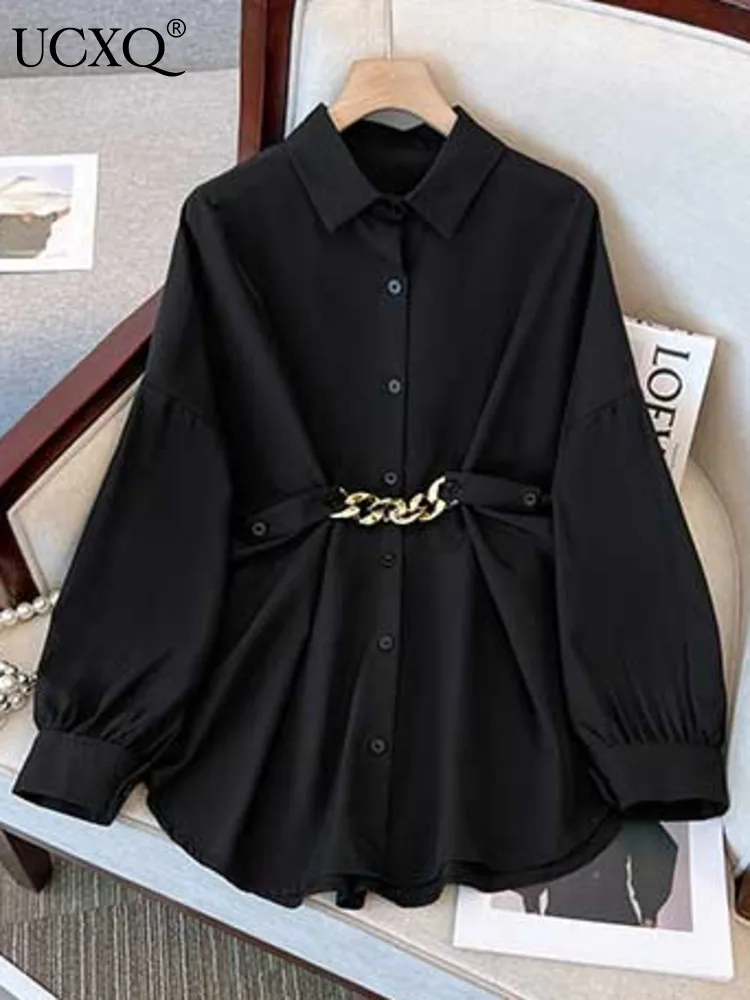 

Трендовая черно-белая женская рубашка UCXQ с поясом и цепью, свободные блузы большого размера с длинным рукавом, топ на осень-зиму 2023, Новинка