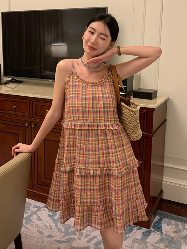 

Summer New Cotton Girl's Round Neck Lovely Plaid Sling Skirts Sleeveless Loose Waist Breathable Ruffles Holiday Style Vestidos