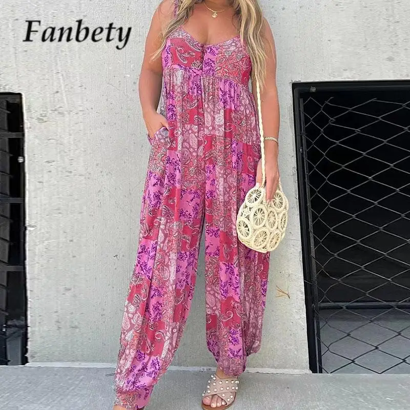 

2023 Summer Women Loose Pencil One-Piece Pants Spaghetti Straps Low Cut Long Jumpsuit Casual Ladies Pattern Print Pockets Romper