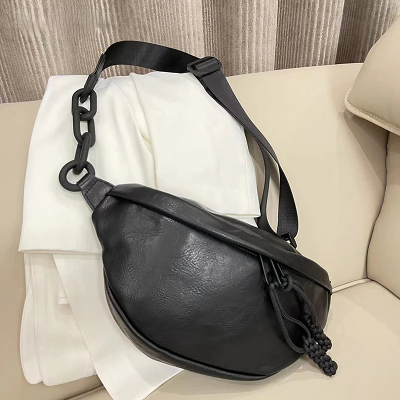 

New Black PU Crossbody Acrylic Chain Shoulder Chest Bag Small Dumpling Purse Female Imitation Designer Handbag for Women Tote