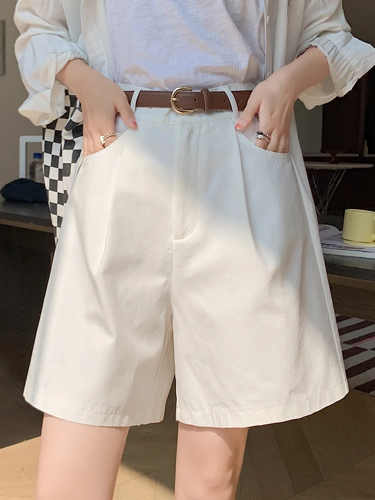 DFRCAEG 2023 Summer Bermuda Shorts For Women High Elastic Waist Wide Leg Loose Suit Pants Free Belt White Black Pink Pants Femme