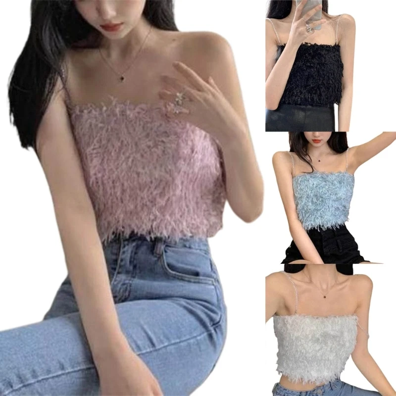 

Women Sexy Crop Tops Sleeveless Solid Color Camisoles Fluffy Plush Night Party Clubwear with Spaghetti Strap for Girl
