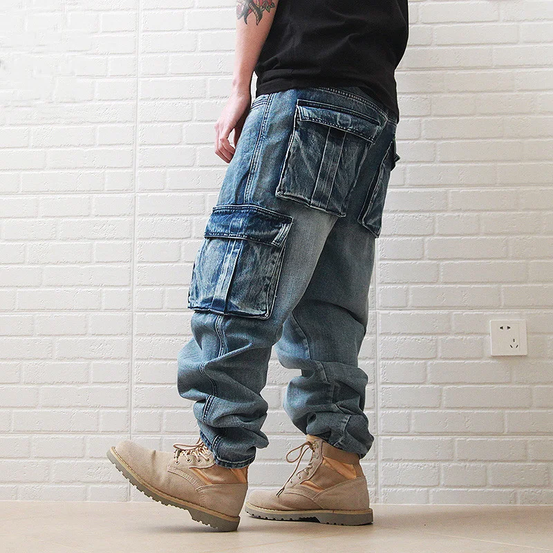 

Pocket Hip Big Hop Men Denim Cargo Trousers Loose Baggy Fat Legs Heavy Washed Jeans Pants Male Plus Size 42 44
