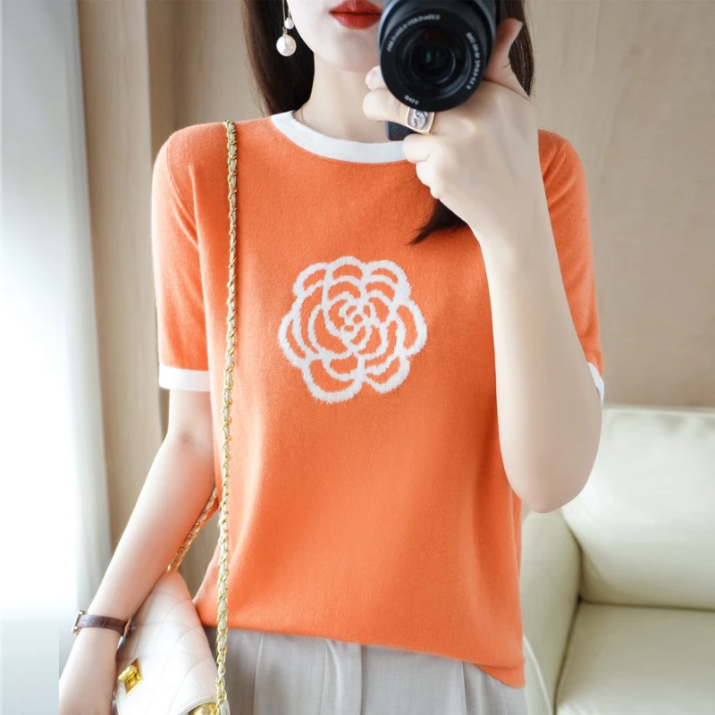 

Camellia Cardigan Short-Sleeved T-Shirt Women's Round Neck Knitted Loose Half-Sleeved Summer New Bottoming Shirt Top