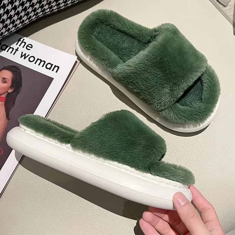 2023 New Women Slippers Autumn and Winter Fur Slippers Indoor Household Slippers Soft Bottom Solid Color Home Cotton Slippers