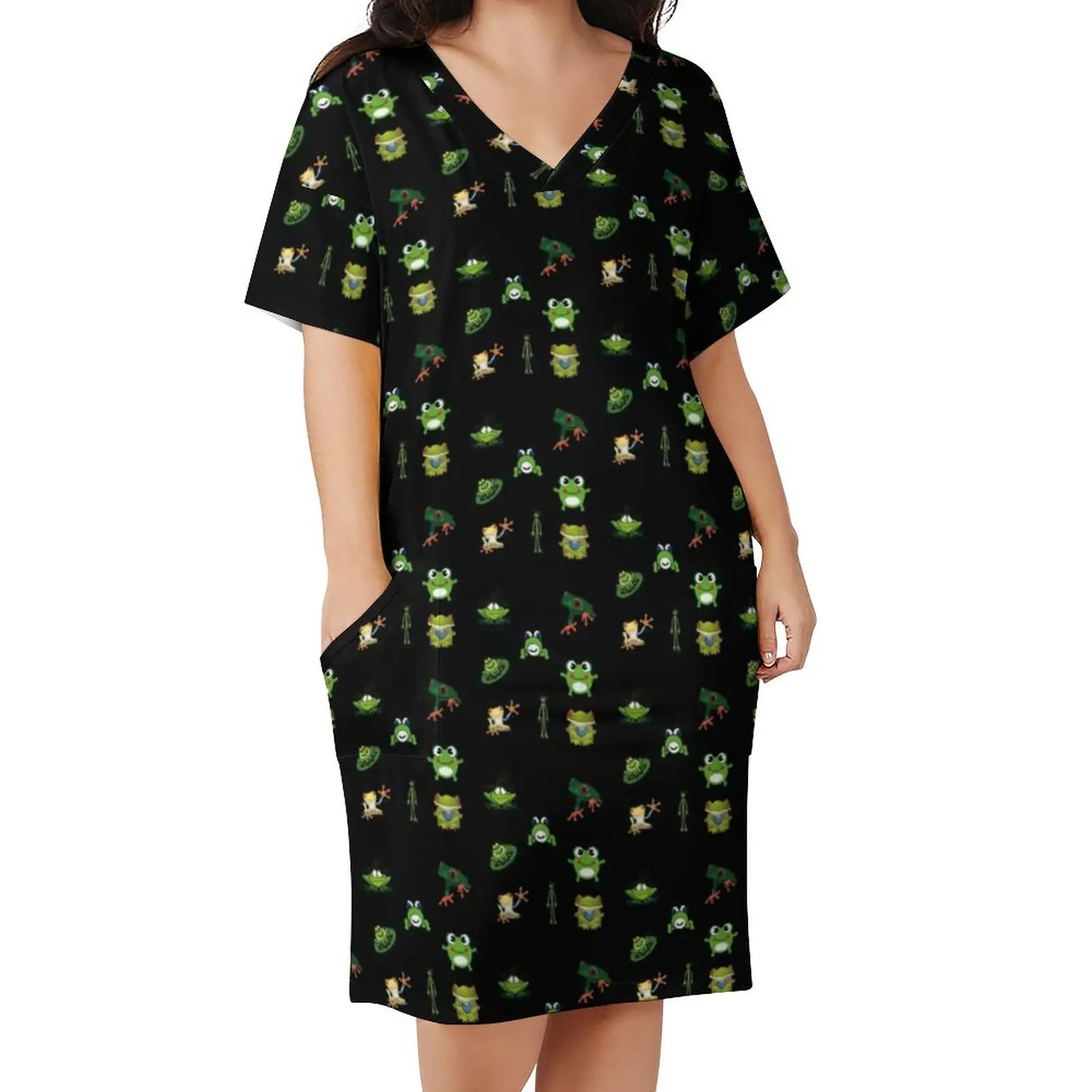

Funny Frog Dress V Neck Cute Cartoon Forgs Lovers Sexy Dresses Women Street Style Printed Casual Dress With Pockets Big Size