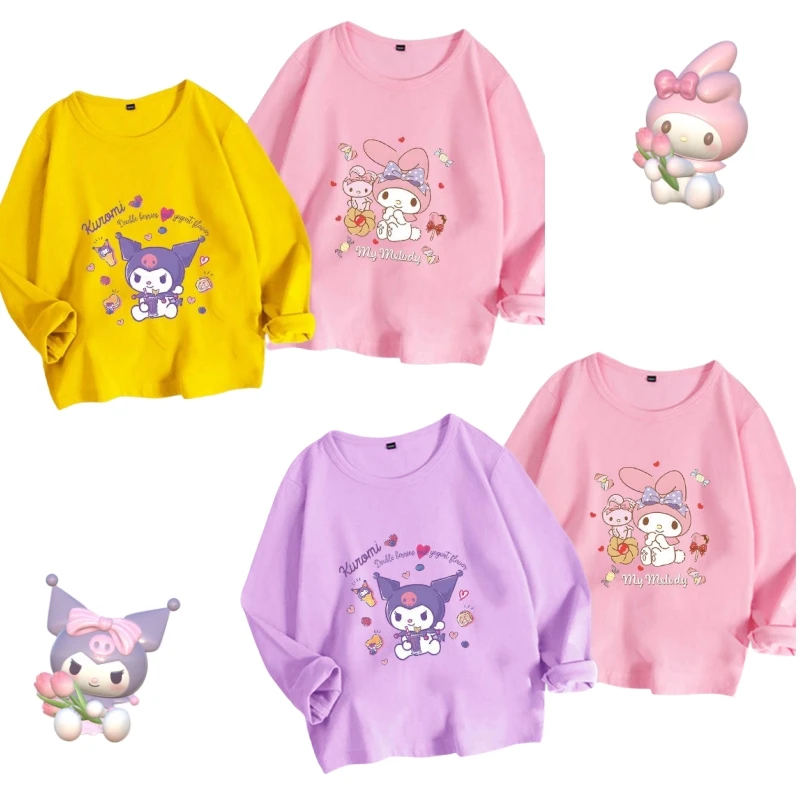 

Sanrios Cartoon My Melody Kuromi Printing Autumn Clothing Anime Girls Long Sleeve Tops Kawaii Children Cotton Bottoming Shirt