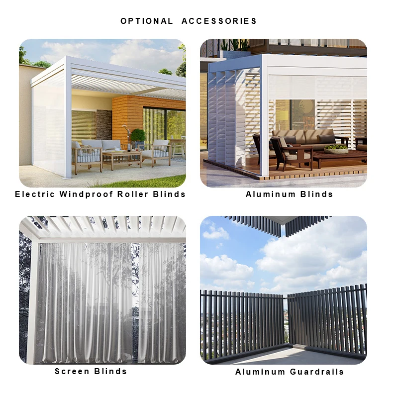 Настраиваемый наружный алюминиевый биоклиматический пергола с моторизованным водонепроницаемым жалюзи на крыше.