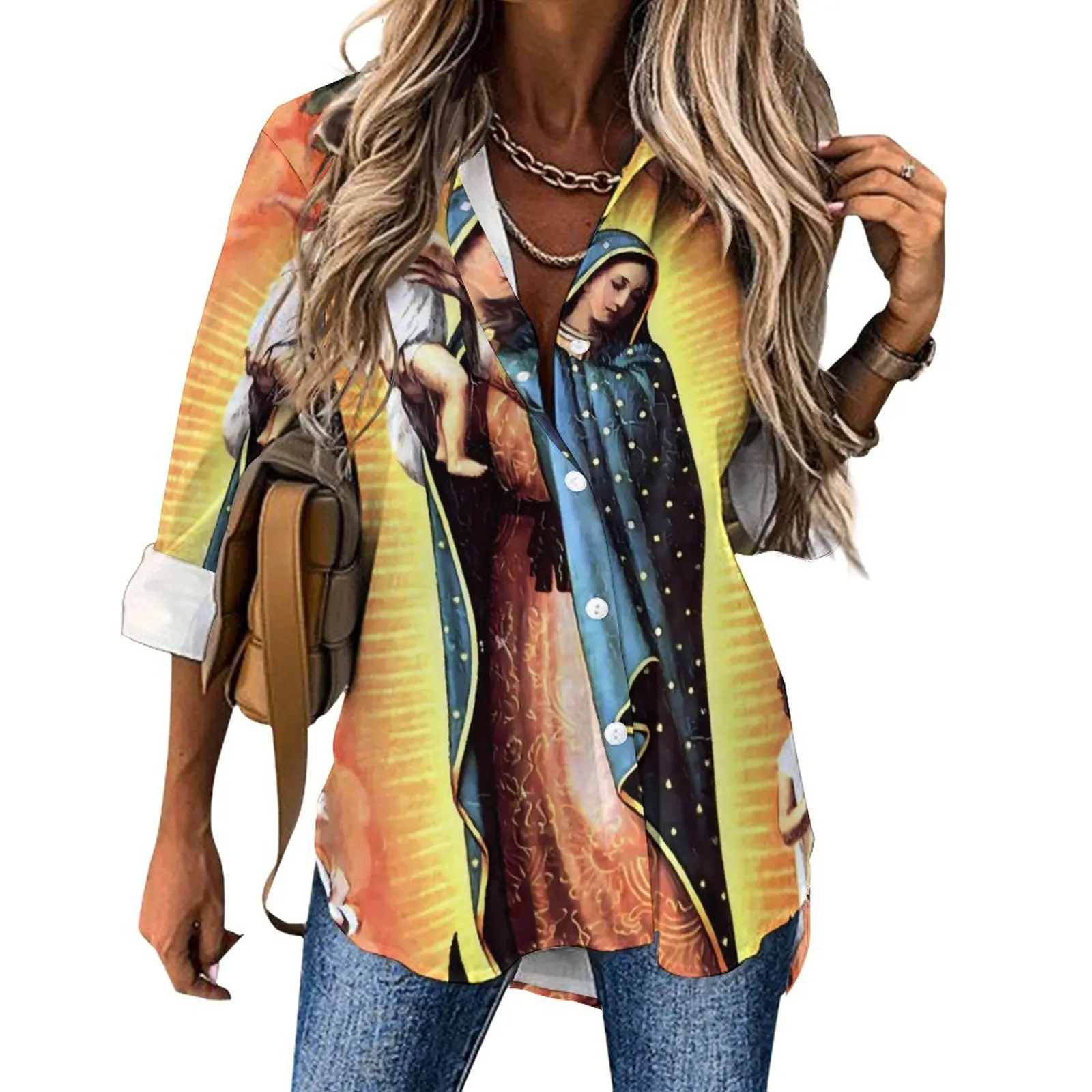

Virgin Mary Loose Blouse Our Lady Of Guadalupe Casual Oversized Blouses Woman Long-Sleeve Aesthetic Shirt Spring Design Top