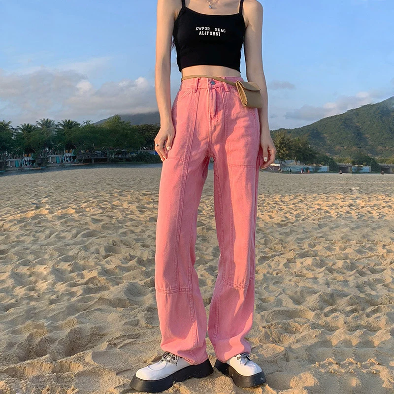 

Streetwear Pink Jeans Women Y2k Fashion Loose Straight Casual Ins Style Sweet Girl Denim Trousers Wide Leg Pants Lengthen Versi