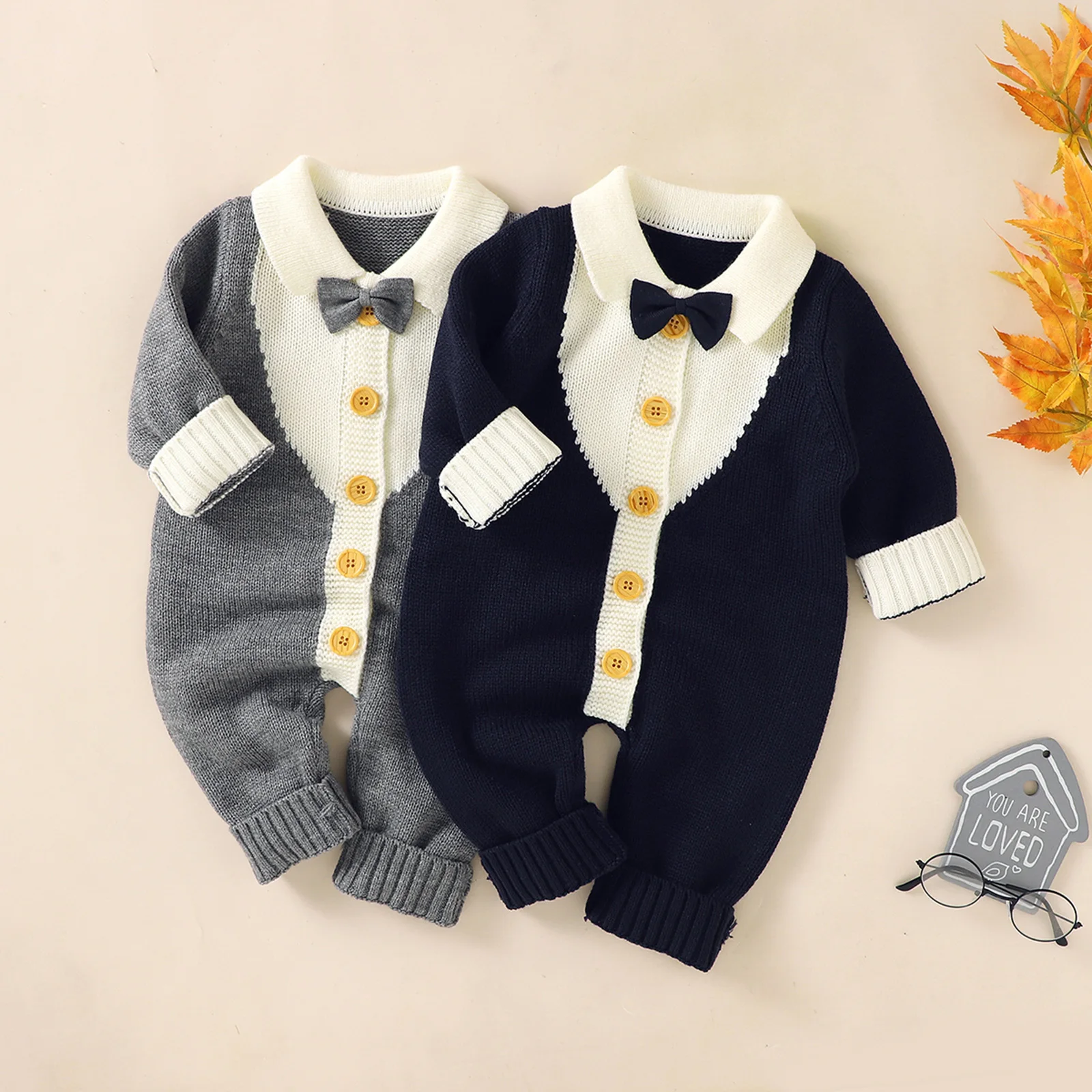 

0-18M Baby Boy Autumn Knitted Jumpsuit Toddler Infant Contrast Color Patchwork Lapel Long Sleeve Rompers with Buttons for Boys