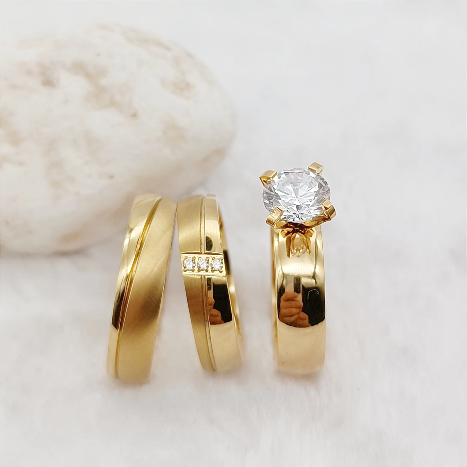 

3pcs Wedding Engagement Rings Sets For Couples Lovers High Quality 24k Gold Plated Jewery cz Diamond Ring