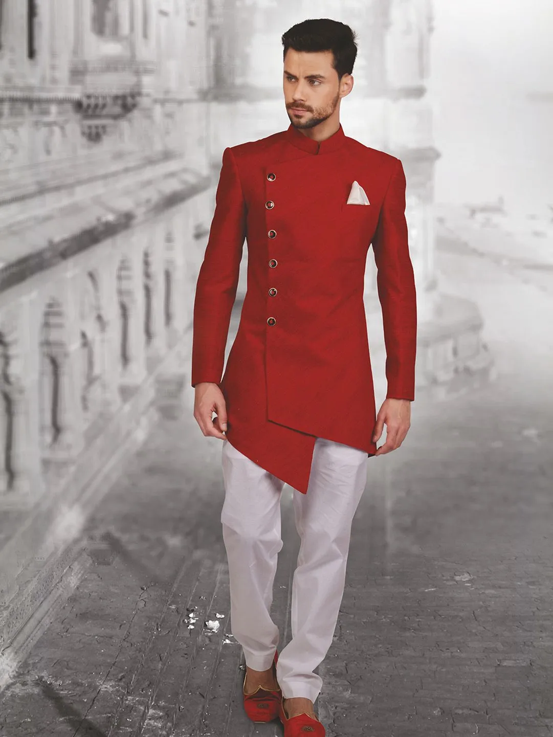 2022 Latest Design Long Men's Suit Indian Wedding Groom Dress Custom Made Smoking Red Jacket Pants Terno Masculino Wedding Suits