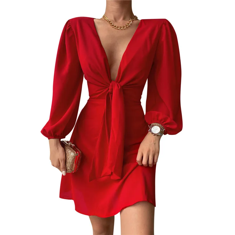 

Women Elegant A-line Dress Long Sleeve V Neck Pleated Solid Color Midi Street Party Casual Short Red Black Dress
