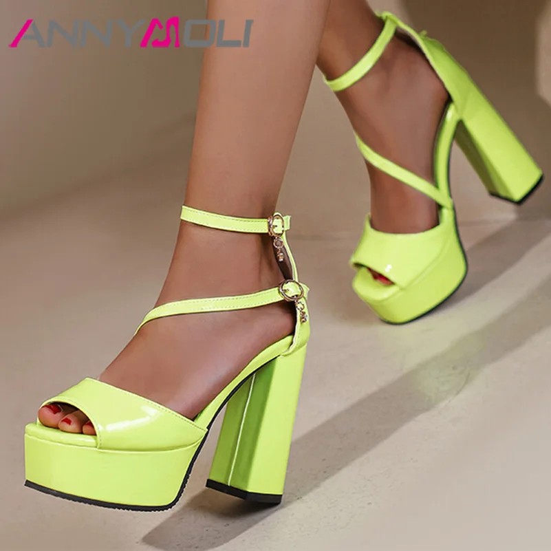 

ANNYMOLI Women Pumps Platform Thick High Heels Peep Toe Ankle Strap Crystal Buckle Party Sexy Spring Autumn Shoes Black White
