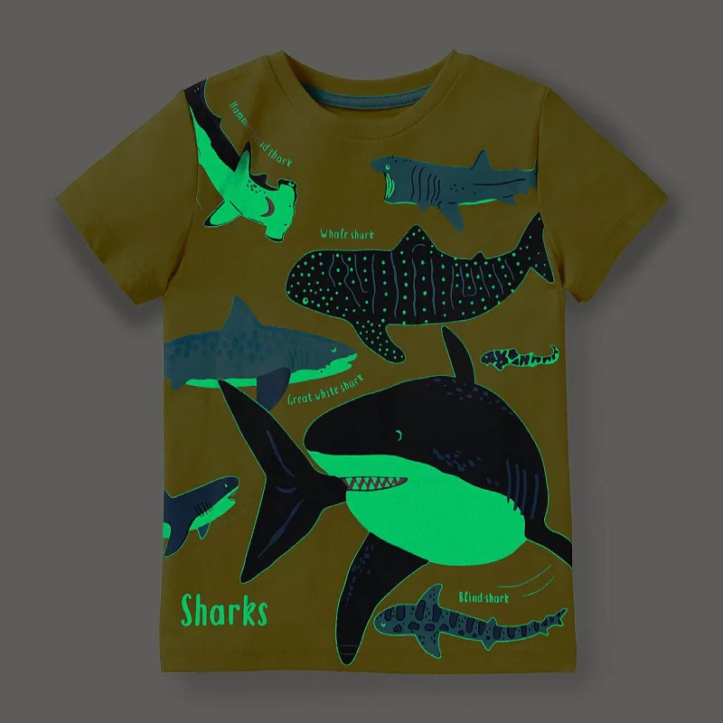 

Boys Luminous T-shirts Cartoon Shark Printed Kids Tees Short Sleeve Children Summer Top Boy Sports Style Clothes