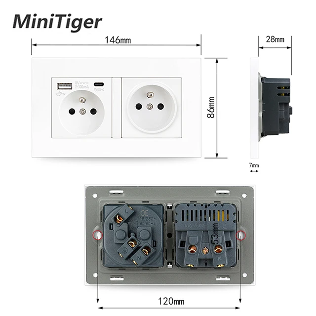 Адаптер сетевой Minitiger французский стандарт 110 ~ 250 В переменного тока Type-C и USB 16 А -