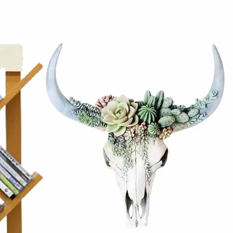 Cow Skull Wall Decor Resin Cow Skull Wall Art Wall Hanging DecorSucculent Flower Skull Wall Decoration 3D Animal Sculpture