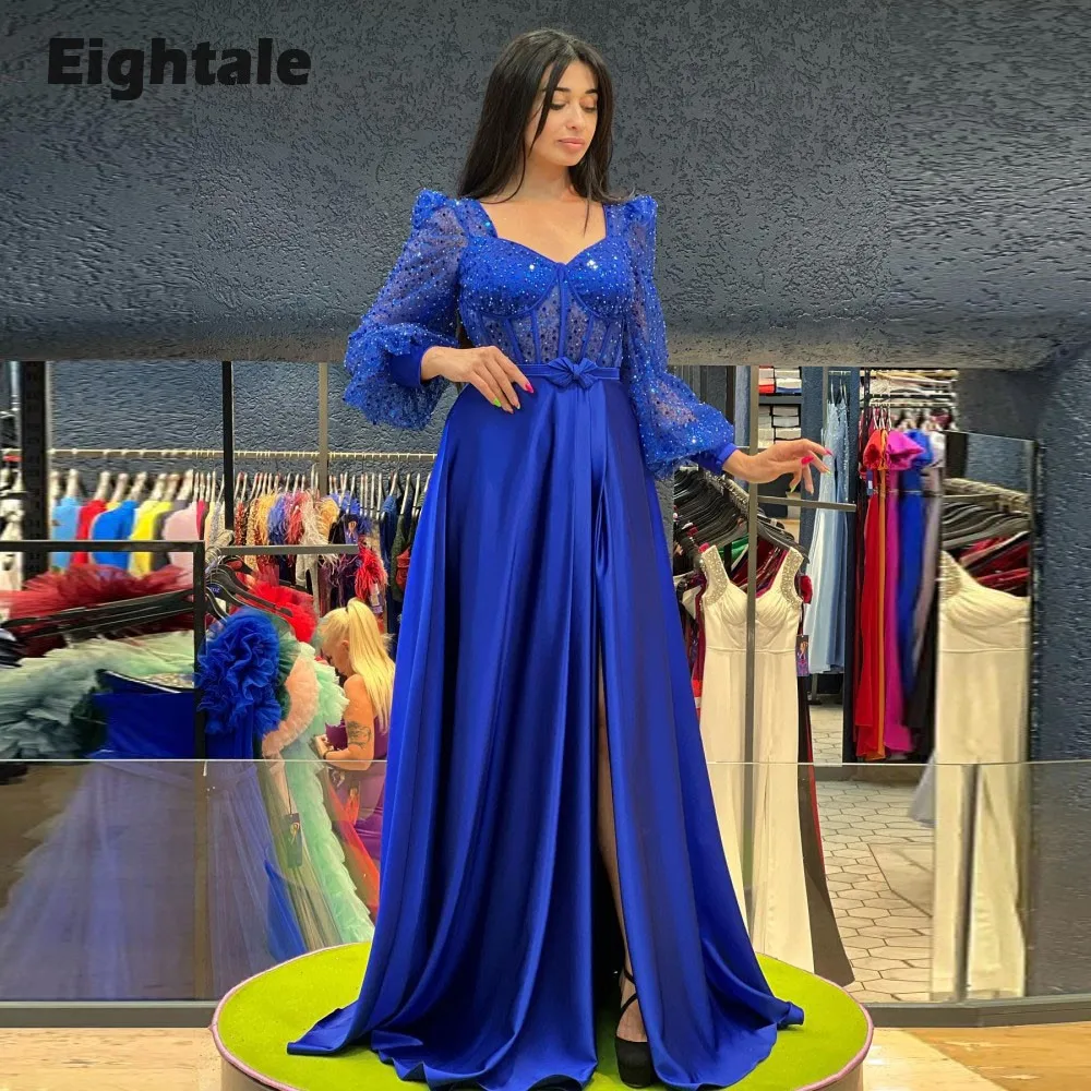 

Eightale Royal Blue Evening Dresses Sweetheart Satin Long Sleeves A-Line Belt Shiny Prom Wedding Party Gown Vestido De Fiesta