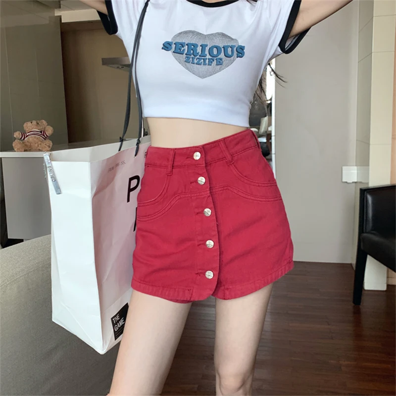 Jeans Women 2023 New Large Summer Red Women's Single breasted Short Skirt High Waist Shorts Skirt with Lining