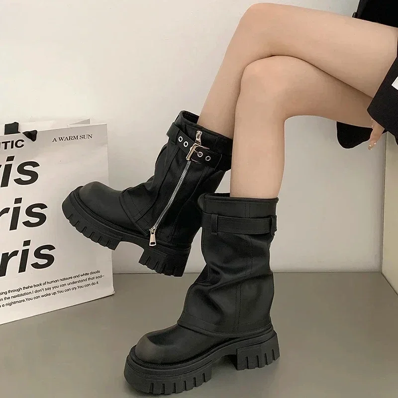 Сапоги женские до середины икры на платформе с боковой молнией рыцарские сапоги