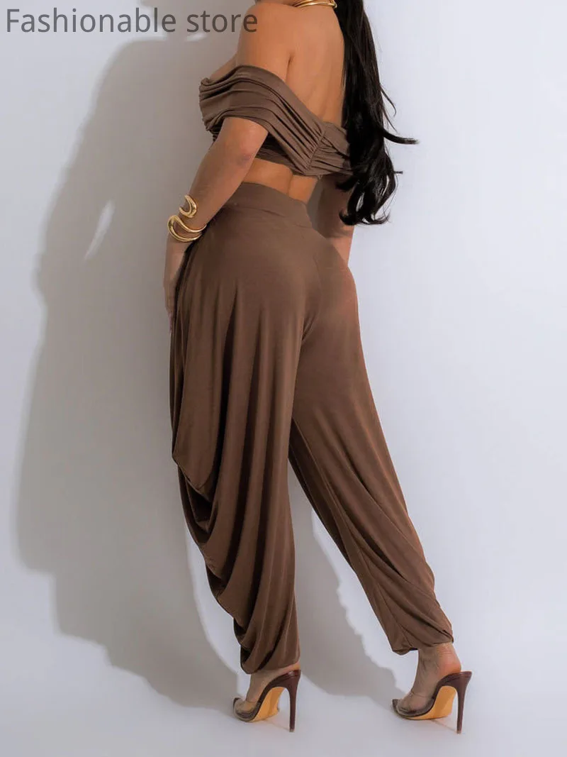 Женский пикантный однотонный топ с открытыми плечами и V-образным вырезом брюки