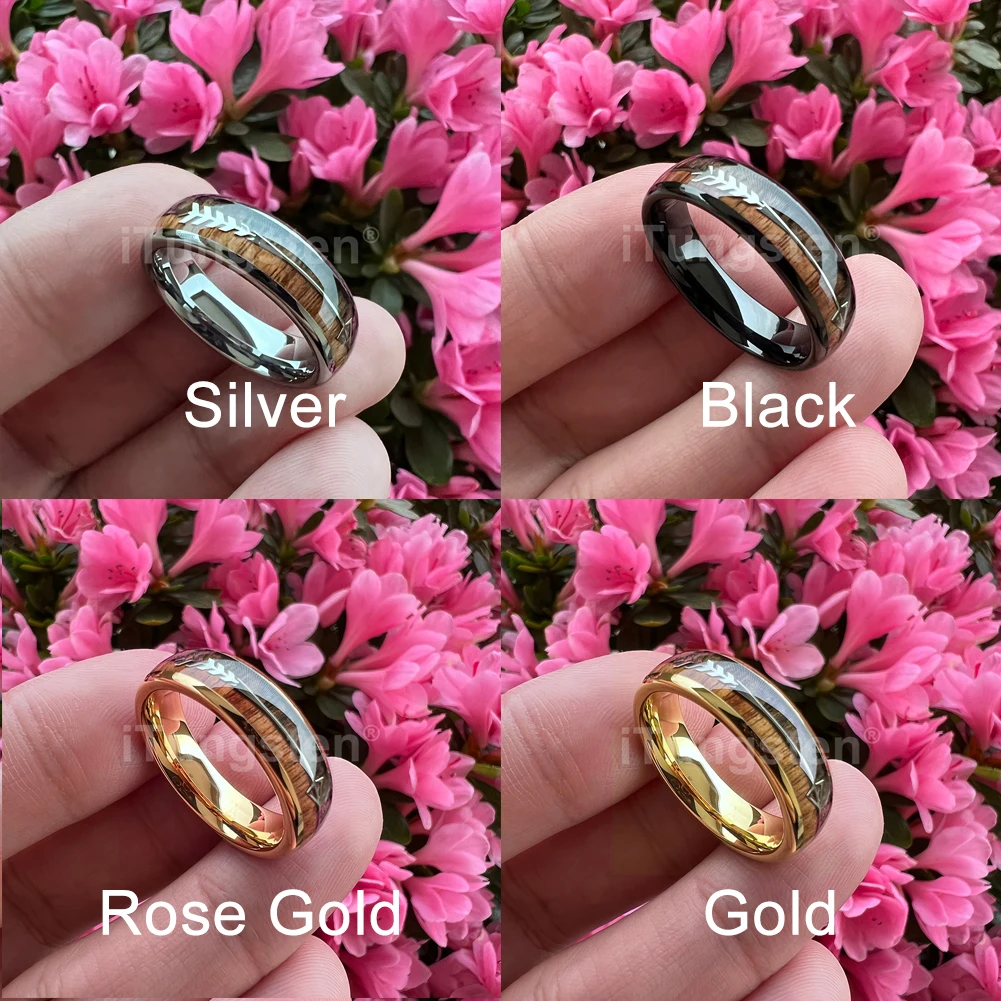 iTungsten 6mm 8mm Tungsten Carbide Ring for Men Women Engagement Wedding Band Fashion Jewelry Arrow Koa Wood Inlay Comfort Fit