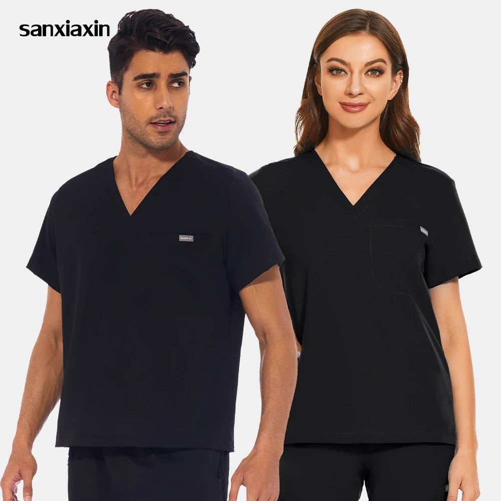 

Unisex Scrub Tops Solid Color Short Sleeve V-Neck Pocket Shirt Women Men T-Shirt Medical Accessories Nurse Uniform Clinic Blouse
