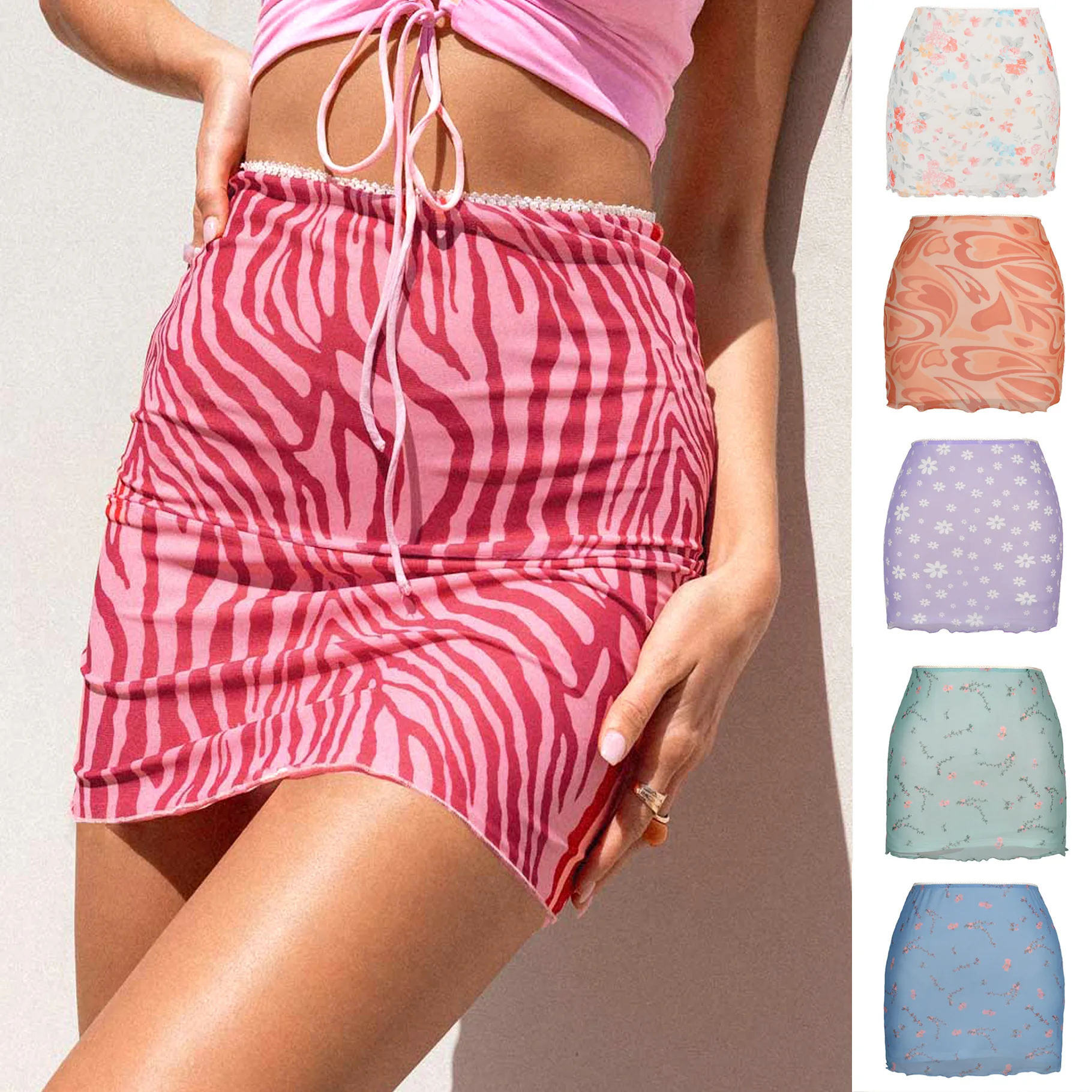 Printed Mesh Mini Skirts Women 2022 Spring Summer Fashion High Waist Double Layer Slim Leopard Skirt Bodycon Clothes Faldas