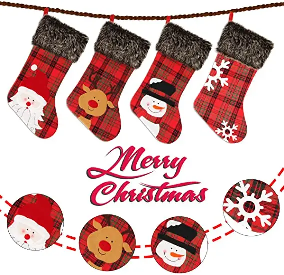 

Christmas Stocking Burlap Plaid Style With Snowflake Santa Snowman Reindeer And Plush Faux Fur Cuff Family Pack Stockings