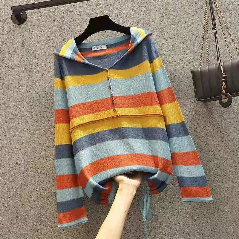 

2021 New Arrival Spring/autumn Women Loose Casual Long Sleeve Hooded T Shirt All-matched Sweet Cute Striped Cotton T-shirt W40