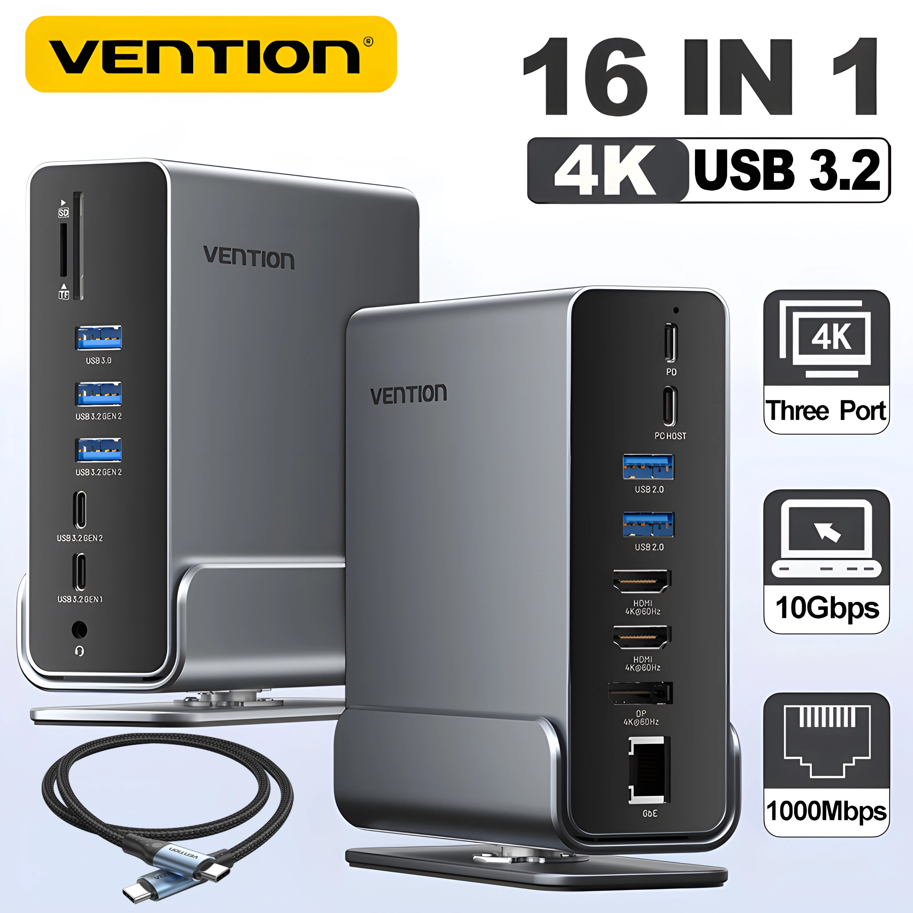 Vention 16 в 1 USB C док-станция 4K HDMI тройной монитор концентратор 3.2 10Gbps RJ45 1000M 100W для Windows