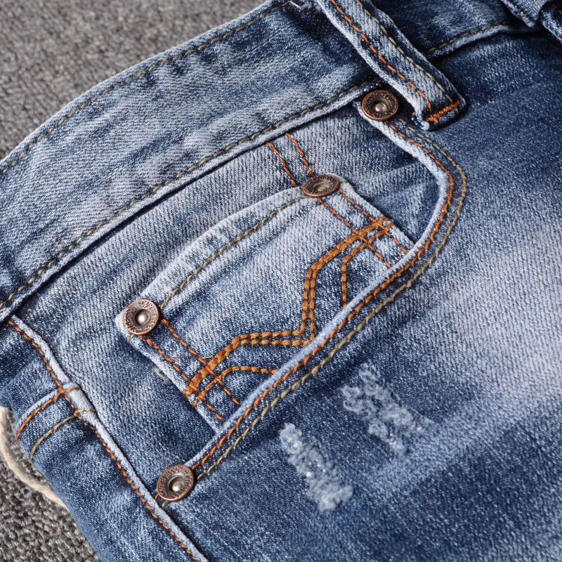 Streetwear Fashion Men Jeans Retro Blue Stretch Slim Fit Vintage Patched Ripped Jeans Men Printed Designer Hip Hop Pants Hombre