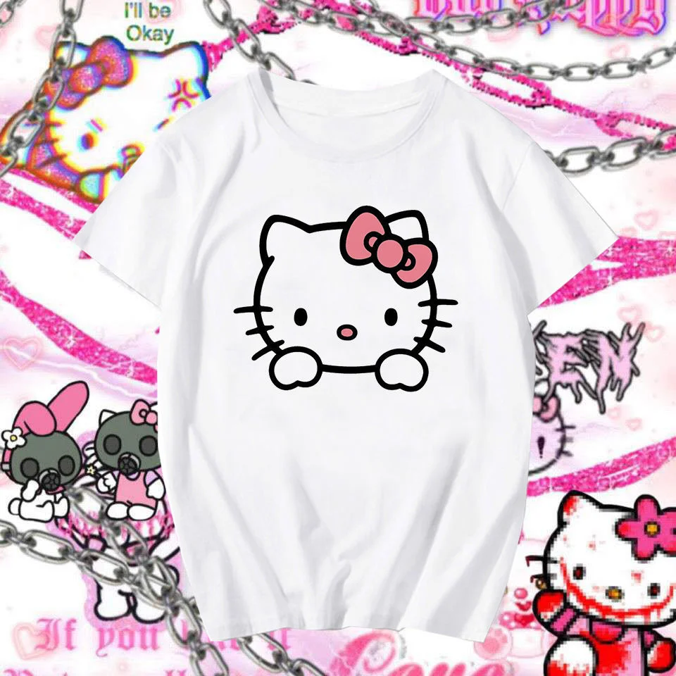 

Teens Loose Tshirt Clothes Y2k Clothes Wild Kawaii Sweet Girls Hello Kitty Kuromi Print Summer Tops Tee Short Sleeve T-shirt 90s