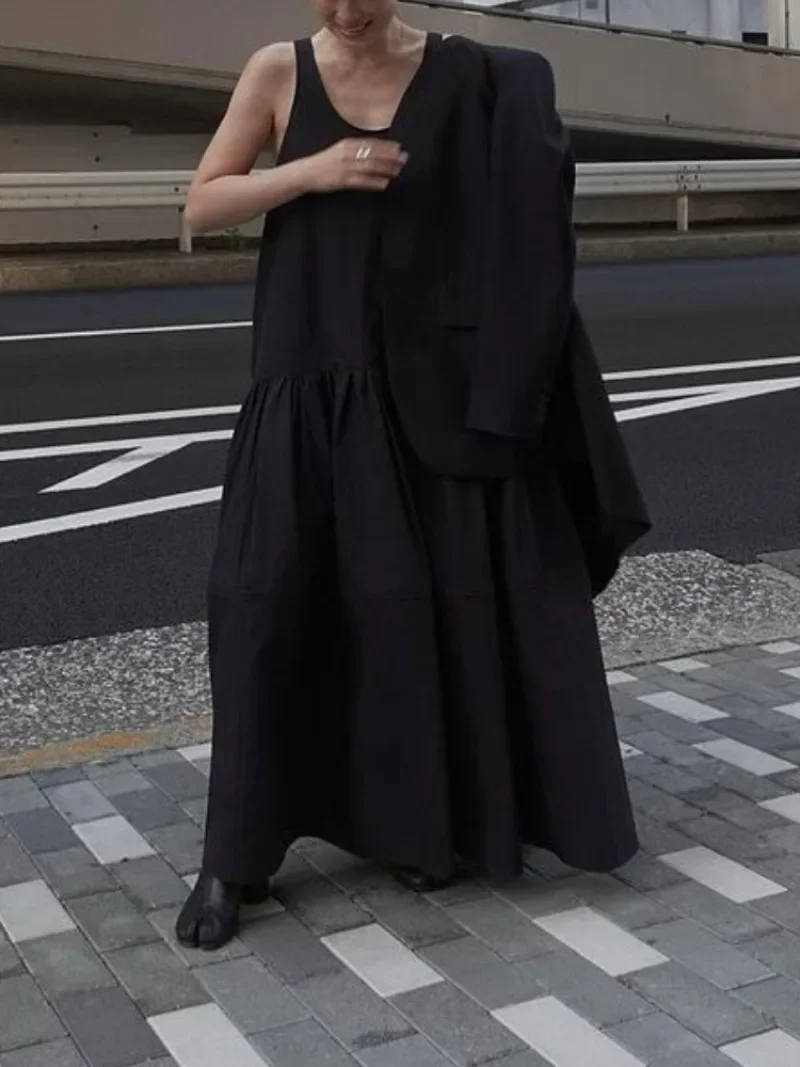 Японское платье в ленивом стиле женское летнее 2024 без рукавов с круглым вырезом