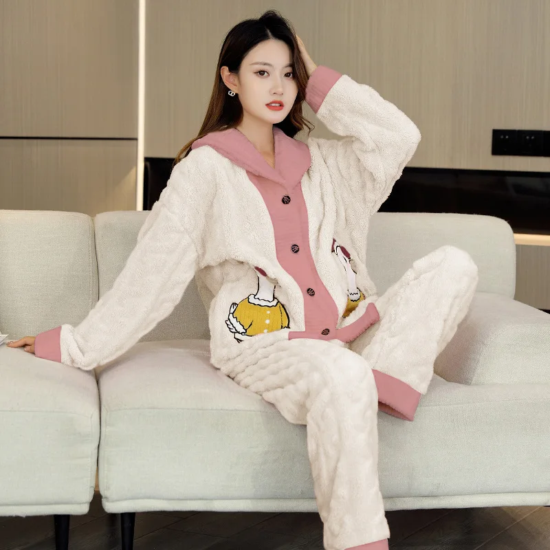 Ladies Pajama Sets Thicken Various Color Winter Warm Nightgown Comfortable Soft Sleepwear Suit Cute Style Button Design