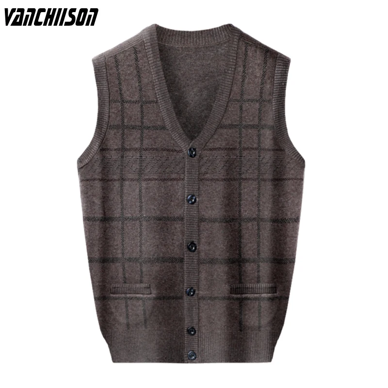 

Мужской базовый вязаный жилет, кардиган без рукавов с карманами, шерстяной свитер на пуговицах для осени и зимы, пледы в стиле ретро, винтажн...