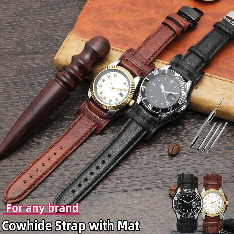 

Retro Brown Genuine leather watch strap For Omega Tissot Fossil 18mm 20mm 22mm With mat wristwatches band Bracelet men watchband