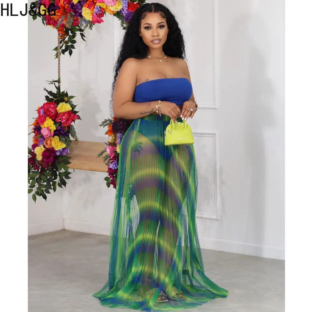 

Женский комплект из двух предметов HLJ & GG, пикантный укороченный топ с открытыми плечами и сетчатая юбка, летняя пляжная одежда с принтом