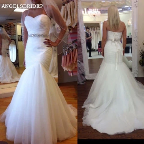 

Женское атласное свадебное платья ANGELSBRIDEP, со шлейфом, с высокой талией