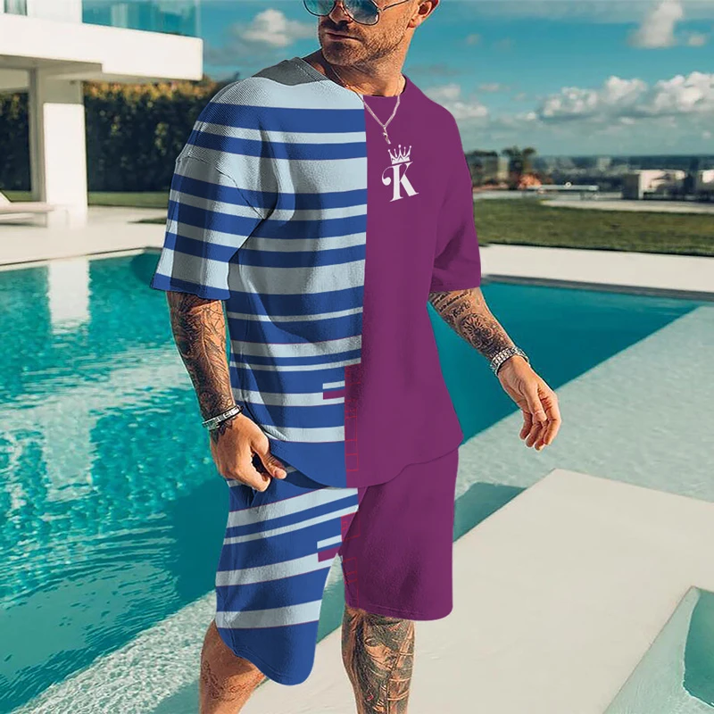 Summer Men's Casual Street Beach Shorts Set 3D Printing Color Crew Neck Street Stripe Short Sleeve Large Size Two-piece Set