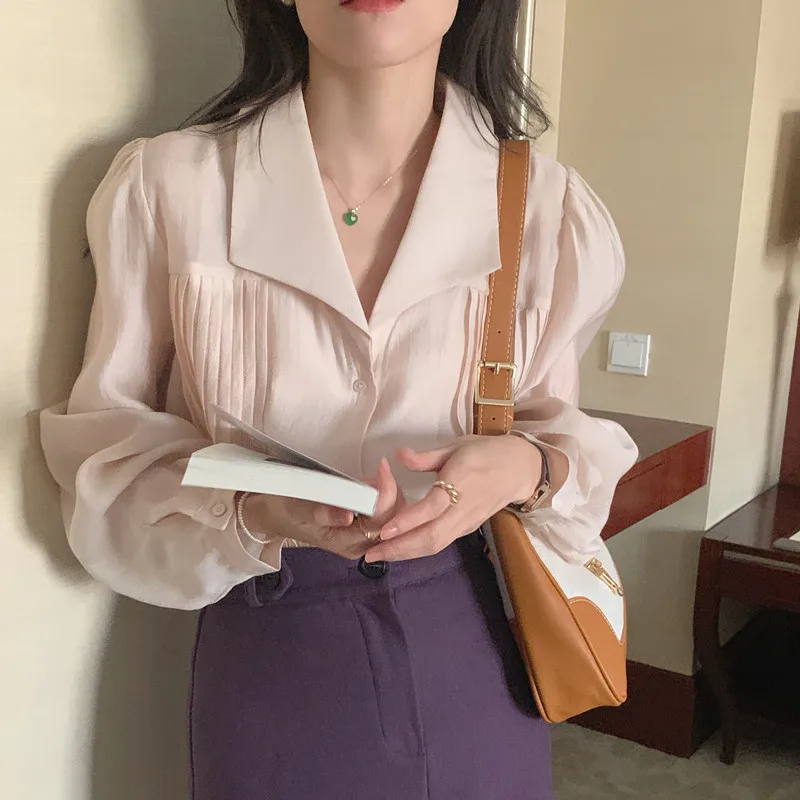 

Women Spring Summer Elegant Blouse Champagne Color Shirt Female Single Breasted Shirring Tops Notched Collar Solid Color