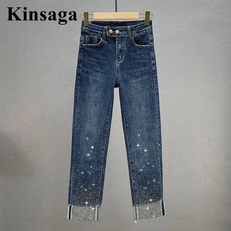 Basic Sequined Rhinestone Jeans Women Slim Fit High Waist Drilling Revers Ninth Stright Pants Female Ankle Length Demin Trousers