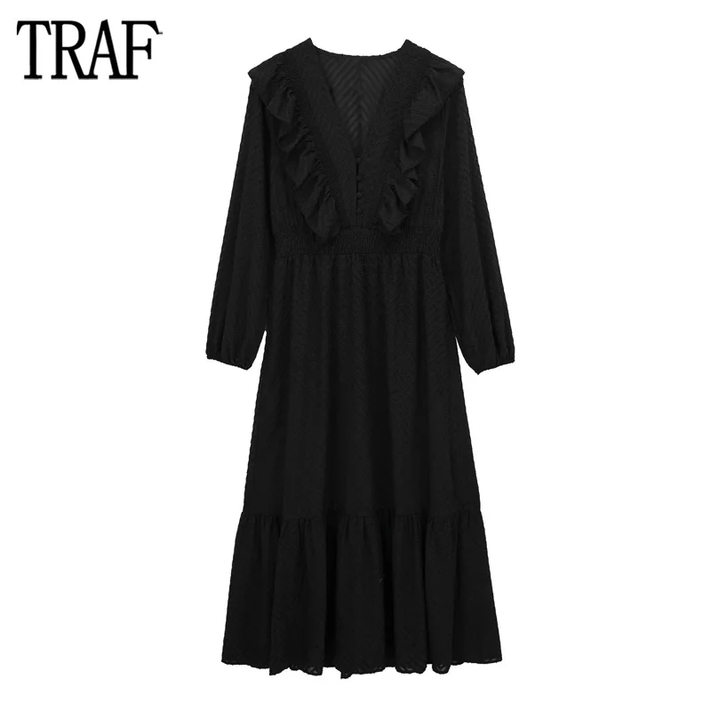 

Черное длинное платье с оборками TRAF, женское плиссированное платье миди в горошек, женские вечерние платья с пышными рукавами для женщин, зи...