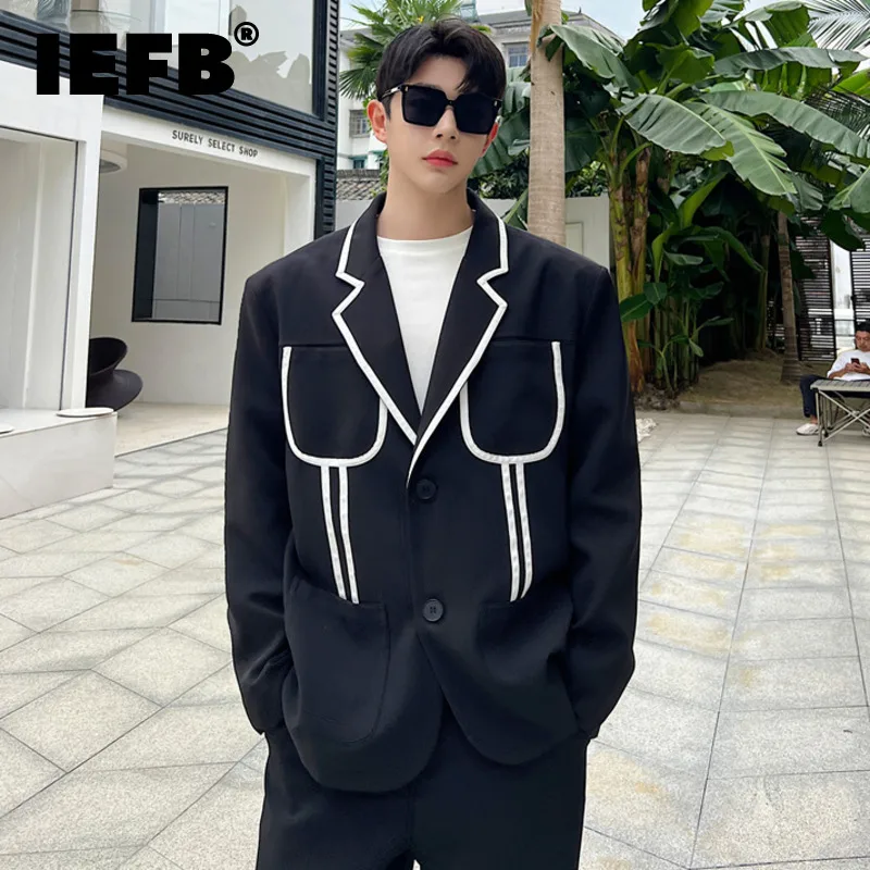 

IEFB Korean Chic Men Clothing Lapel Blazer Contrast Color Striped Suit Jacket Large Pockets Patchwork Top 2023 New Stylish 9C957